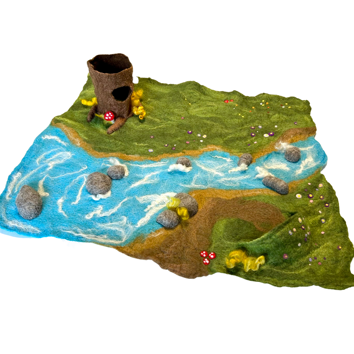 Wet Felted Tree Stump and River Play Mat